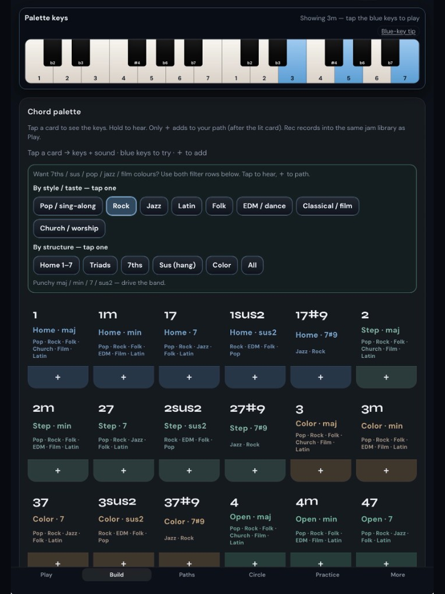 Build tab — chord palette cards and filters