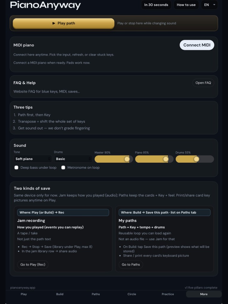 More tab — MIDI connect and sound settings