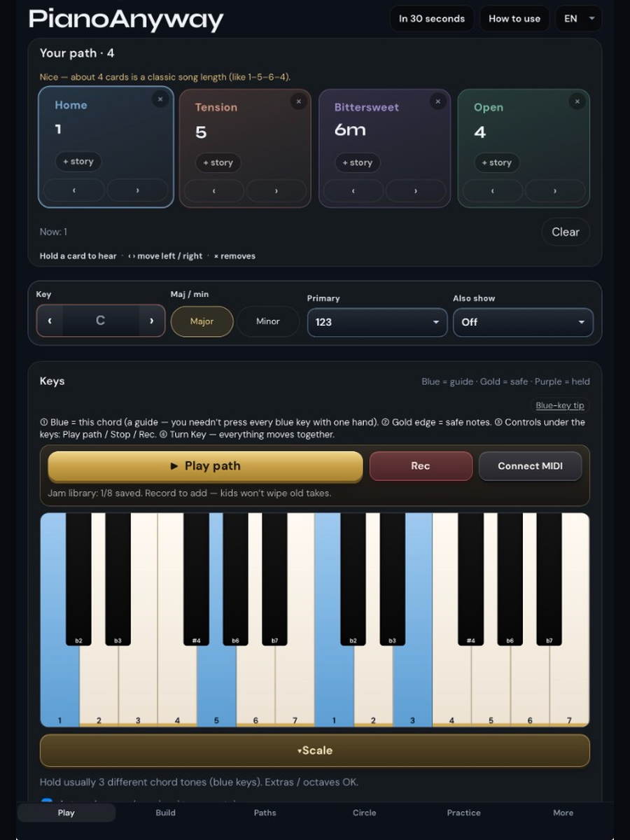 Play tab — path cards and blue guide keys